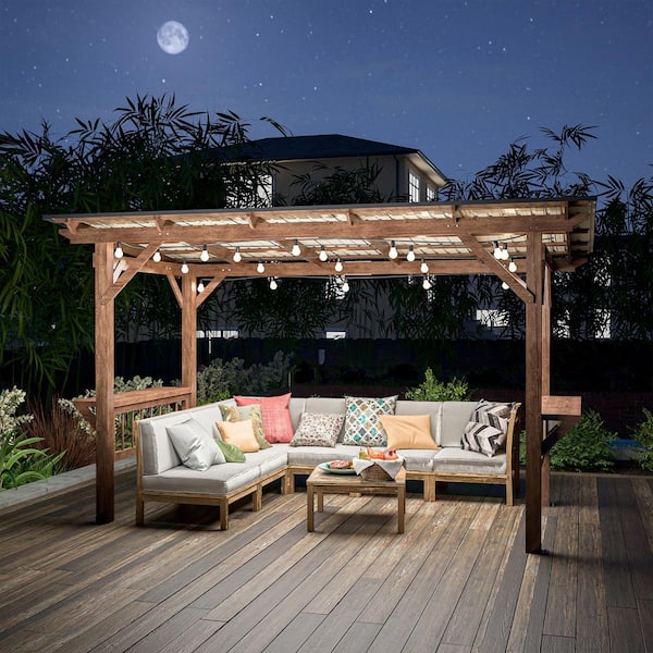 13 ft. x 6.5 ft. Wooden Pergola Grill Gazebo, Fir Wood Pergola with Metal Roof & Bulbs & Bar Counters