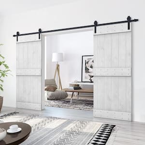 48 in. x 84 in. Mid-Bar Series White Stained Solid Knotty Pine Wood Interior Double Sliding Barn Door with Hardware Kit