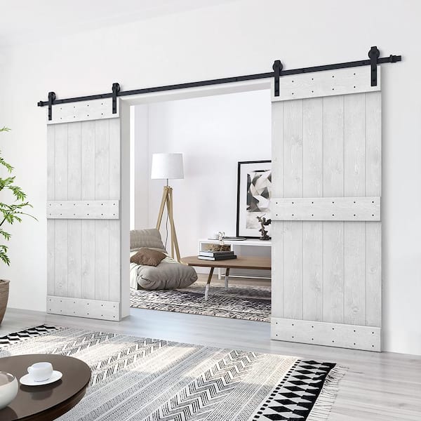 76 in. x 84 in. Mid-Bar Series White Stained Solid Knotty Pine Wood Interior Double Sliding Barn Door with Hardware Kit