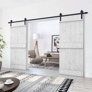 84 in. x 84 in. Mid-Bar Series White Stained Solid Knotty Pine Wood Interior Double Sliding Barn Door with Hardware Kit