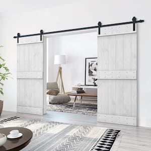 84 in. x 84 in. Mid-Bar Series White Stained Solid Knotty Pine Wood Interior Double Sliding Barn Door with Hardware Kit