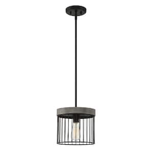 Aster 60-Watt 1-Light Matte Black Pendant with Grey Wood and Metal Cage Shade