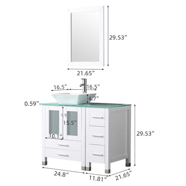 36.6 in. W x 21.6 in. D x 29 in. H Single Sink Bath Vanity in White with Glass Countertop and Ceramic Sink and Mirror