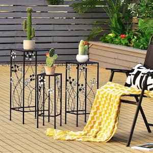 Square Nesting Indoor/Outdoor Black Crystal Floral Metal Plant Stand (3-Piece)