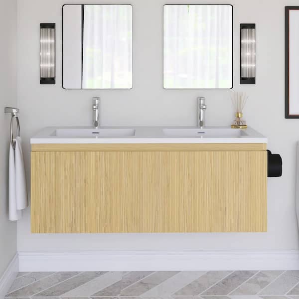 JimsMaison 47.24 in. W x 18.90 in. D x 18.19 in. H Wall-Mounted Bath Vanity in Yellow Oak with White Resin Top