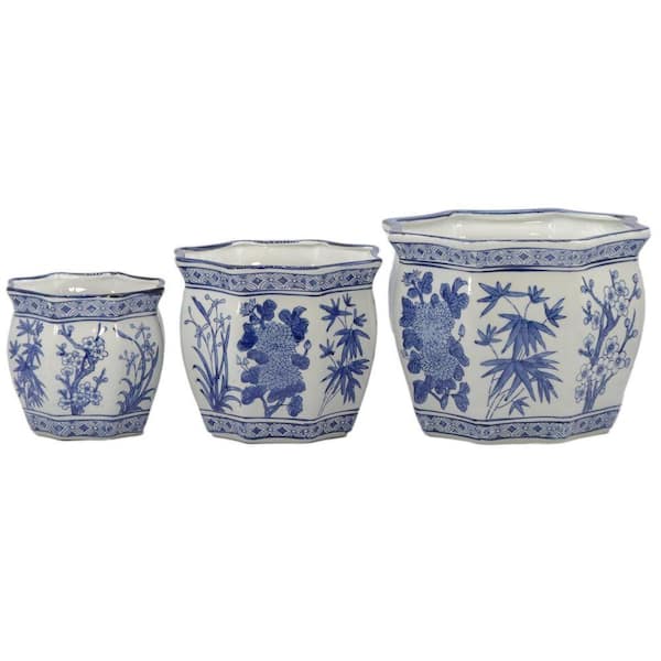 Set of 3-7.5 in. / 10 in. / 13 in. White and Blue Round Hex Ceramic Chinoiserie Planter Pot Set