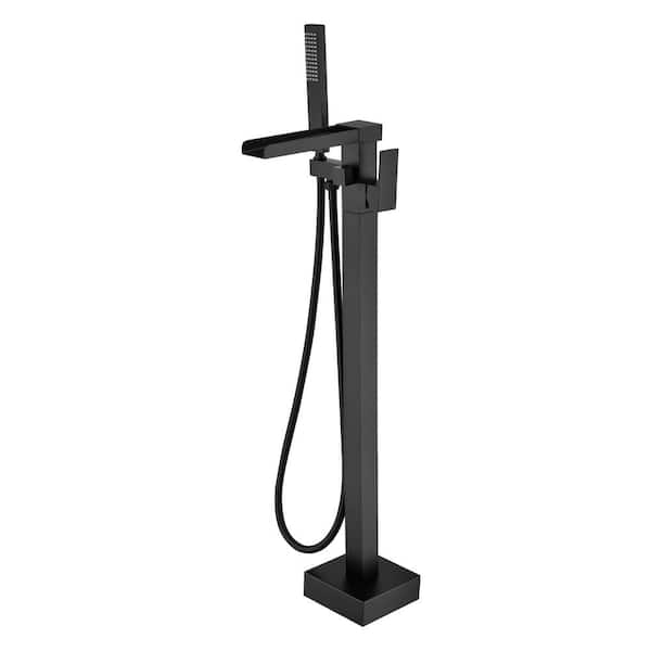 FLG Single-Handle Waterfall Freestanding Tub Faucet with Hand Shower in Matte Black