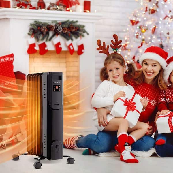 1500-Watt Indoor Electric Oil Filled Panel Radiant Space Heater with Thermostat Remote Control and Tip-Over Protection