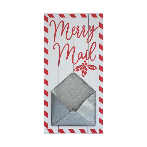 PARISLOFT 20.5 in. White Wood and Metal Christmas Merry Mail Wall Mail Holder