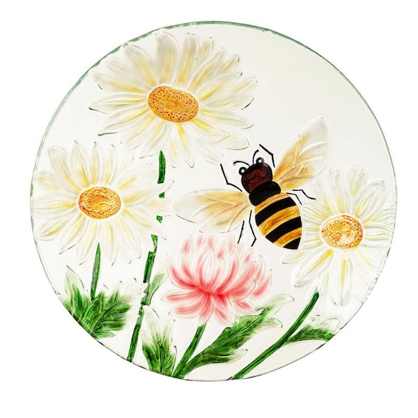 18 in. Dia White Glass Birdbath Bowl with Hand Painted Daises and Bee Design