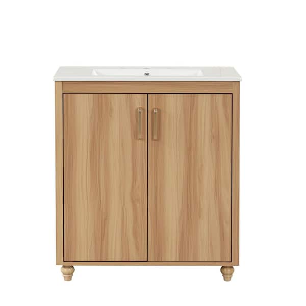 30 in. W Solid Wood Frame Natural Bath Vanity with White Ceramic Top Sink, Functional Storage Cabinet and Drawer
