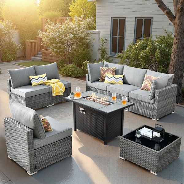 HOOOWOOO Messi Gray 8-Piece Wicker Outdoor Patio Conversation Sectional Sofa Set with a Metal Fire Pit and Dark Gray Cushions