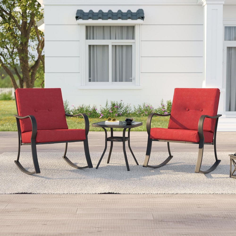 3-Piece Metal Frame Outdoor Bistro Set 2 Rocking Chairs with Red Cushions and Tempered Glass Side Table price history on PriceWatchPro