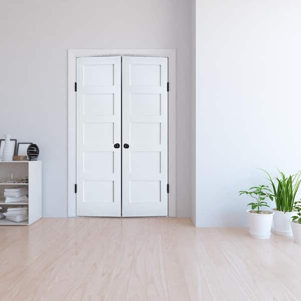 48 in. x 96 in. Craftsman Shaker 5-Panel Both Active MDF Solid Core Primed Wood Double Prehung Interior French Door