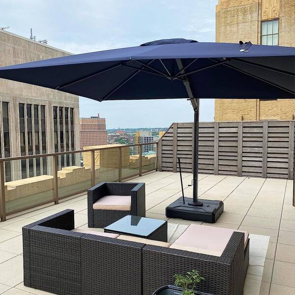 12 ft. Square Large Outdoor Aluminum Cantilever 360° Rotation Patio Umbrella with Base, Navy Blue