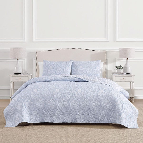 Laurel Woodblock Cornflower Blue 3-Piece Soft Woven Matelasse Jacquard Reversible Cotton Blend Quilt Set-Full/Queen