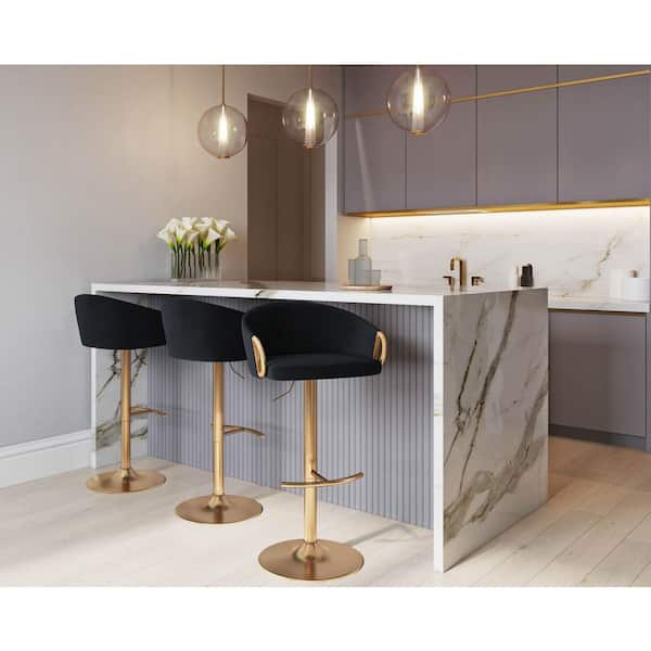 Claire 42 in. Black Velvet and Gold Metal Adjustable Bar Stool with Rounded T Footrest (Set of 2)