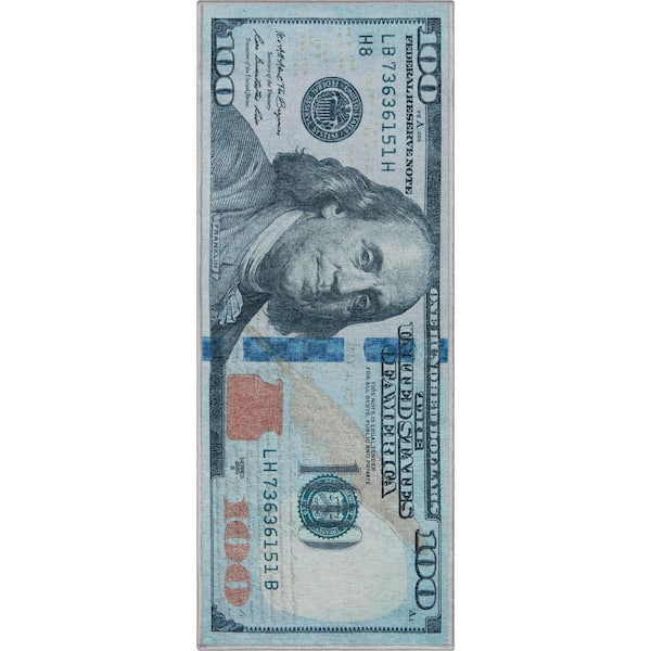 Money Dollar Green Blue 2 ft. x 5 ft. Front Novelty Printed Runner Area Rug
