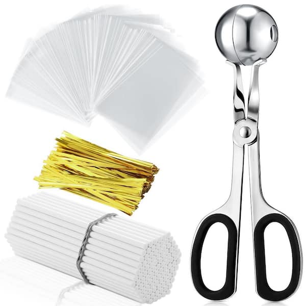 Cake Pop Holder Kit w/ Mold Sticks Wrappers and Accessories, 100 Bags, Twist Ties, Ball Maker and Lollipop Tools, Silver