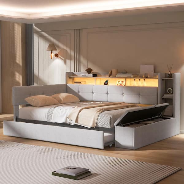 Beige Twin Size Daybed with Storage Footstool and Shelves,Trundle