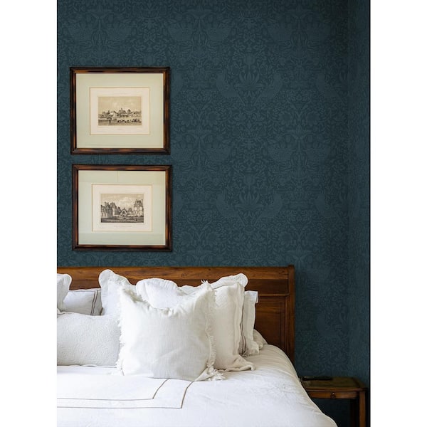 Slate Blue Tonal Bird Garden Pre-Pasted Paper Wallpaper Roll (57.5 sq. ft. )
