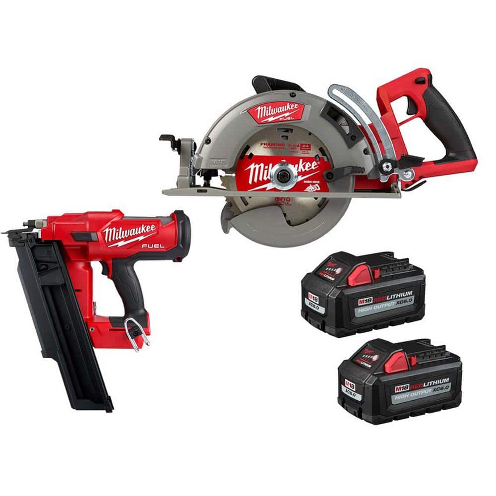 Milwaukee M18 FUEL 18V Lithium-Ion Cordless 7-1/4 in. Rear Handle Circ Saw  w/3-1/2 in. 21-Degree Nailer, Two Ah HO Batteries  2830-20-2744-20-48-11-1862 The Home Depot