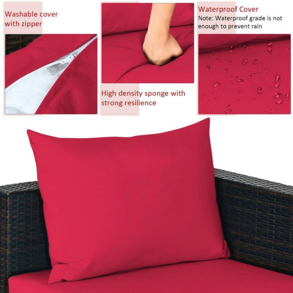 5-Piece Red Cushioned Rattan Patio Furniture Set with Ottoman