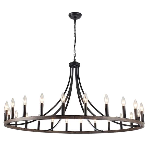 LWYTJO 47 in. 24-Light Brown Vintage Candle Country Wagon Wheel Chandelier Adjustable Light Fixture for Living Room Hallway