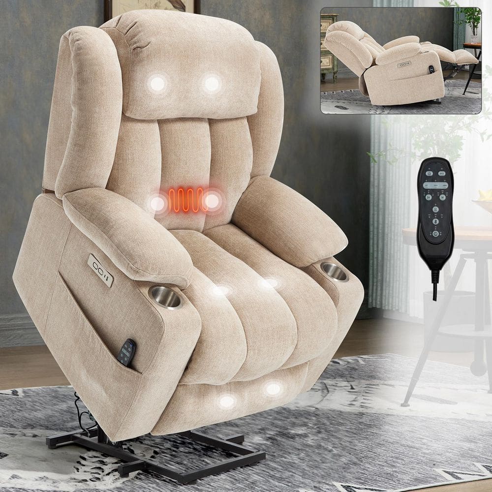 Beige Durable Chenille Power Lift Recliner Chair with Massage and Heating, 