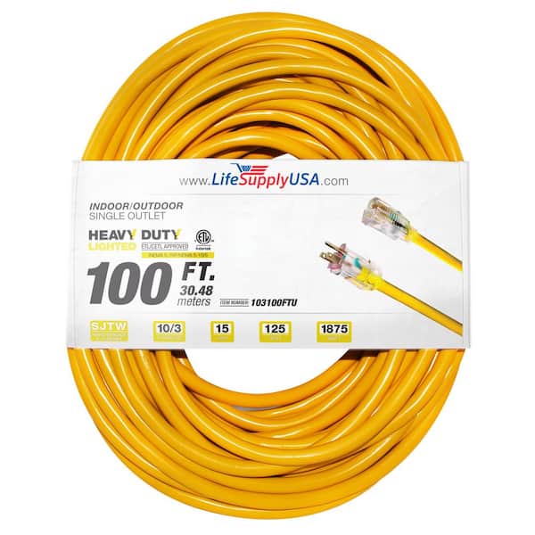 LifeSupplyUSA 100 ft. 10-Gauge/3 Conductors SJTW Indoor/Outdoor Extension Cord with Lighted End Yellow (1-Pack)