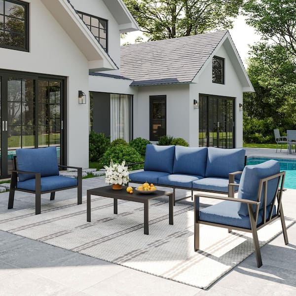Gray Aluminum Frame 4-Piece 5-Person Outdoor Conversation Set with Navy Blue Cushions