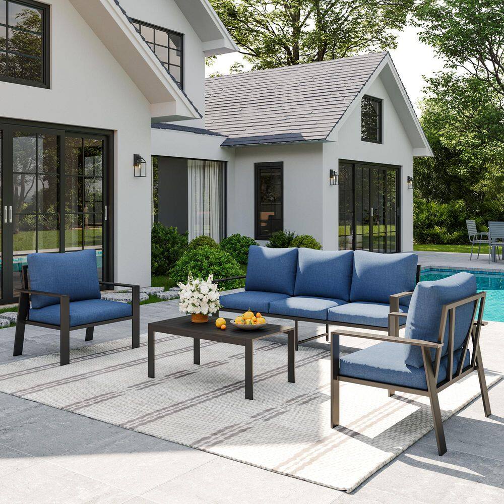 Gray Aluminum Frame 4-Piece 5-Person Outdoor Conversation Set With Navy Blue Cushions price history on PriceWatchPro