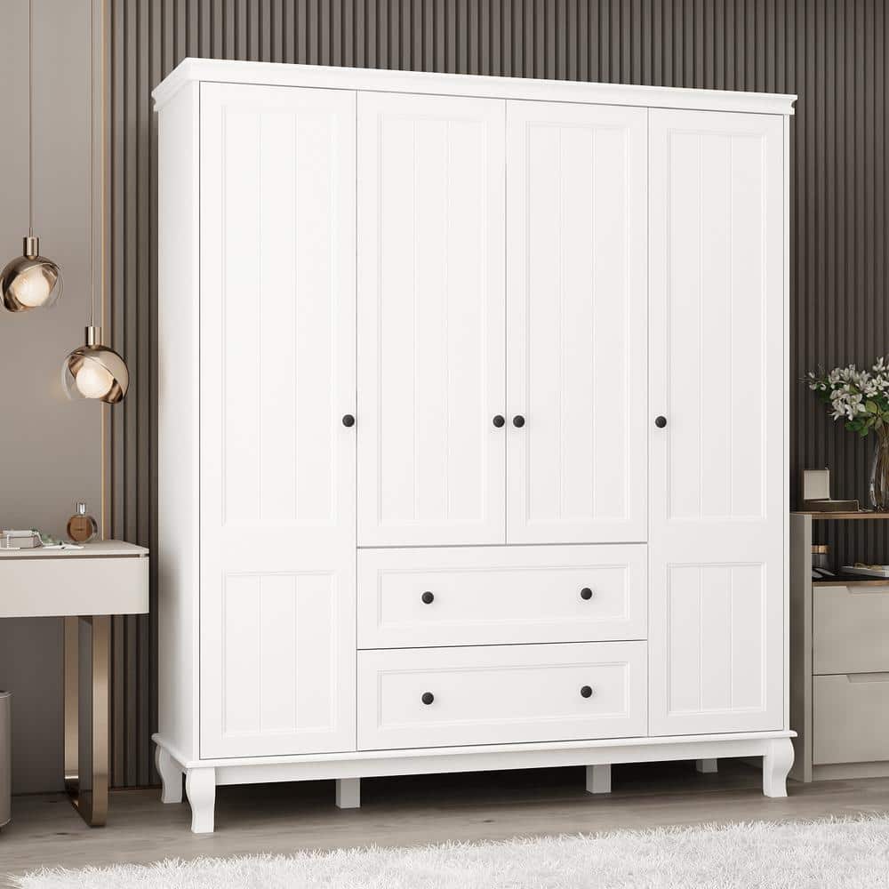White Wood 63 in. W 4-Door Big Armoires Wardrobe with Hanging Rod, 2-Drawers, Storage Shelves(18.9 in. D x 71.3 in. H) - thumbnail 10