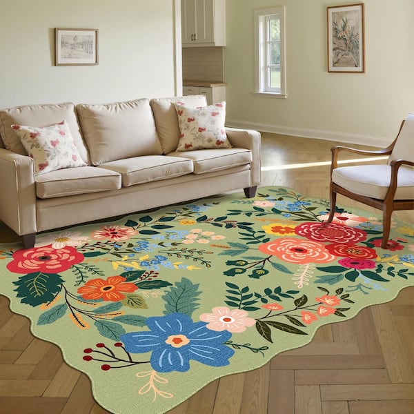 Papaver Rhoeas Green 5 ft. x 7 ft. Floral Washable Area Rug