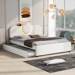 White Wood Frame Queen Size Platform Bed with LED, Trundle and USB Ports