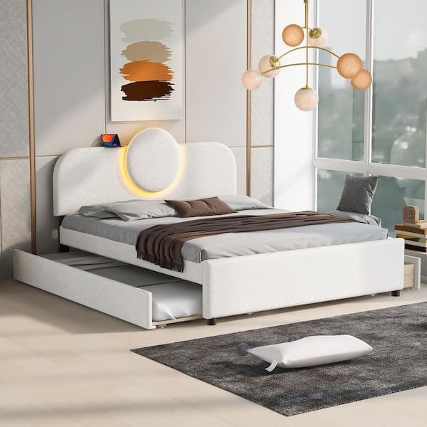 Qualler White Wood Frame Queen Size Platform Bed with LED, Trundle and USB Ports