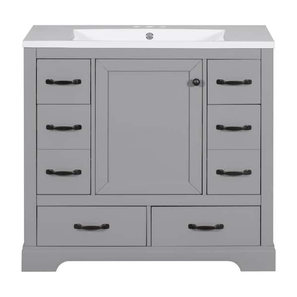 EPOWP 36 in. W x 18 in. D x 34.2 in. H Freestanding Bath Vanity in Grey with White Ceramic Top Single Basin Sink