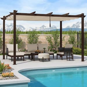 10 ft. x 13 ft. Beige Metal Outdoor Retractable Pergola with Shade Canopy Cover for Beach Deck Gazebo