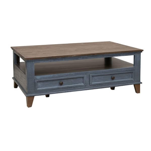 Benjara Rozy 30.5 in. Brown and Bronze Rectangle Wood Coffee Table with 4 Drawers and Open Shelf