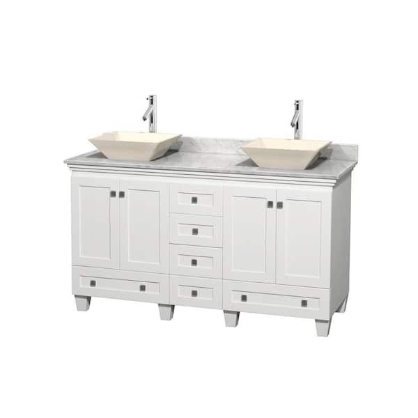 Wyndham Collection Acclaim 60 in. W Double Vanity in White with Marble Vanity Top in Carrara White and Bone Sinks