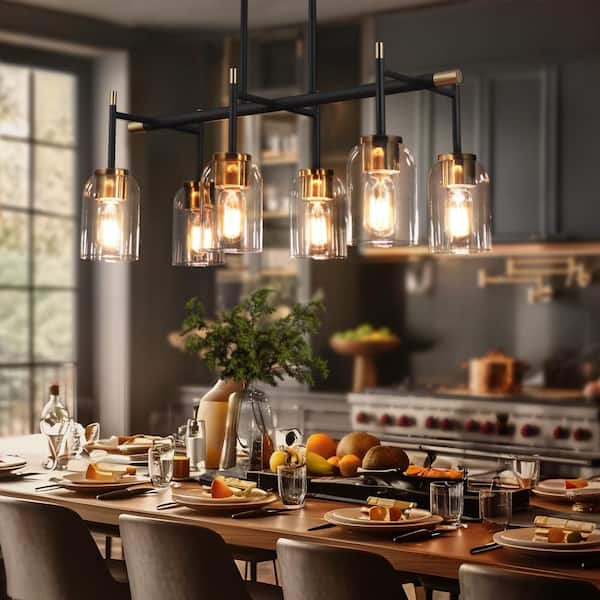 6-Light Mid-century Modern Pendant Light with Clear Glass Shade Black and Gold Chandelier Lighting for Living Room
