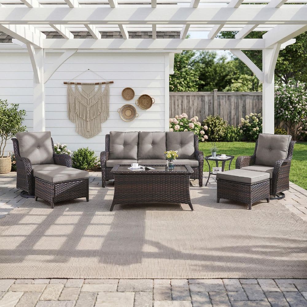 ArcLine 7-Piece Brown Wicker Patio Conversation Set with Olefin Gray Cushions and Swivel Glider Chairs/Sofa price history on PriceWatchPro