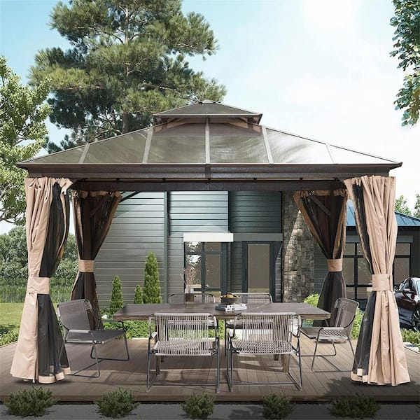 12 ft. x 12 ft. Outdoor Brown Aluminum Frame Polycarbonate Hardtop Double Roof Gazebo with Curtains and Net