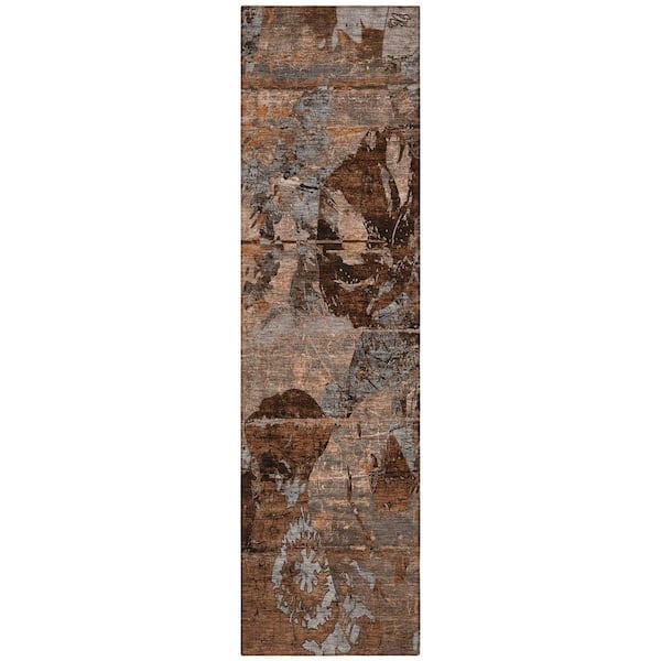 HomeRoots Brown, Gray 2 ft. x 8 ft. Woven Abstract Polyester Runner Indoor / Outdoor Area Rug