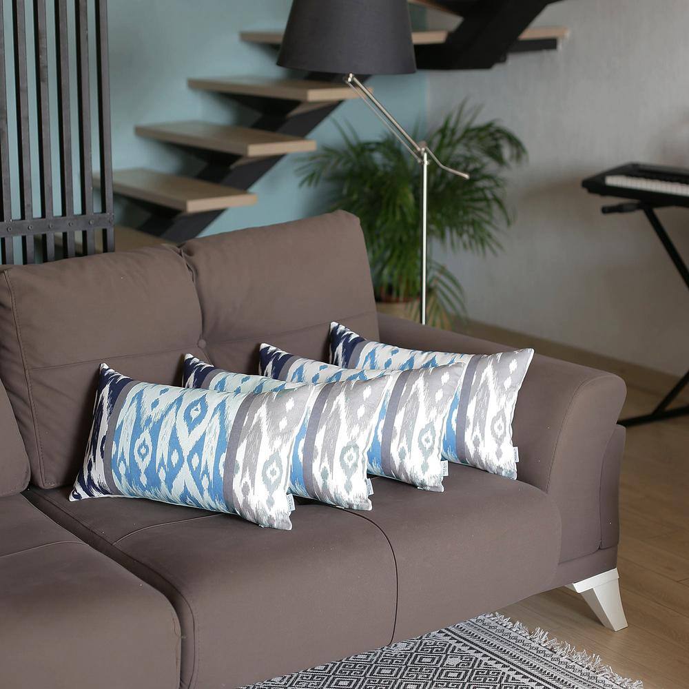 Blue and Gray Ikat Polyester Lumbar Pillow Covers Set of 4