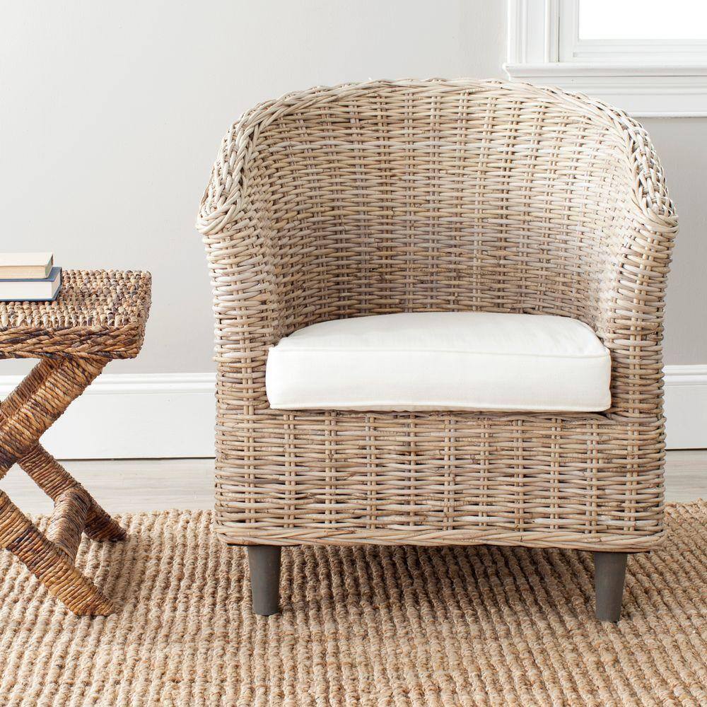 Natural Unfinished Rattan Barrel Accent Chair with White Cushion