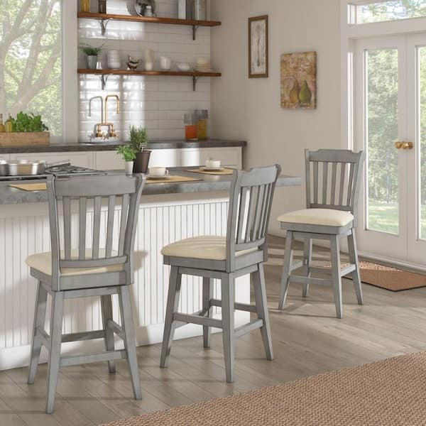 Antique Gray Slat Back Bar Height Wood Swivel Bar Stool