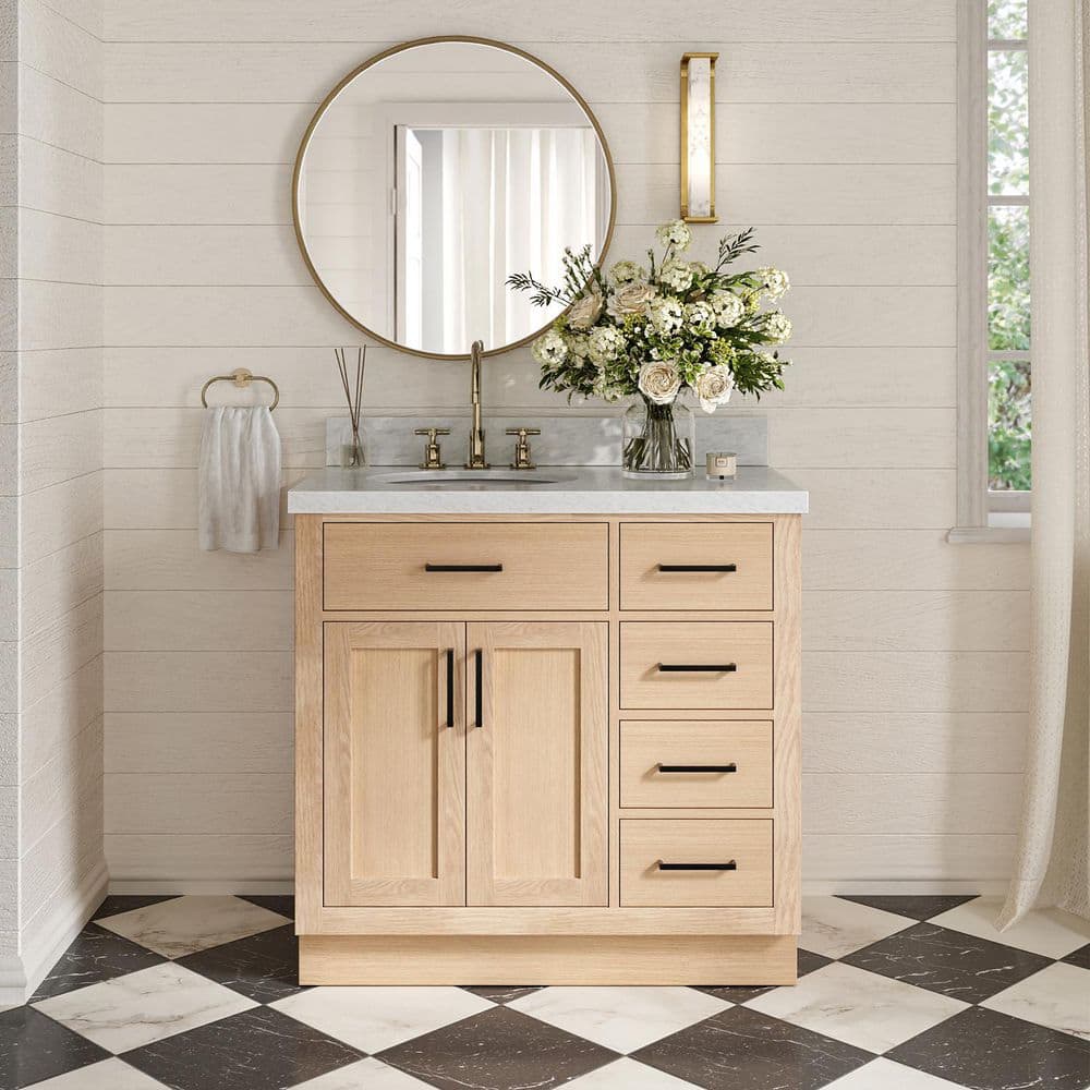Hepburn 36 in. Single Sink Freestanding Bathroom Vanity in Oak with Carrara White Marble Top price history on PriceWatchPro