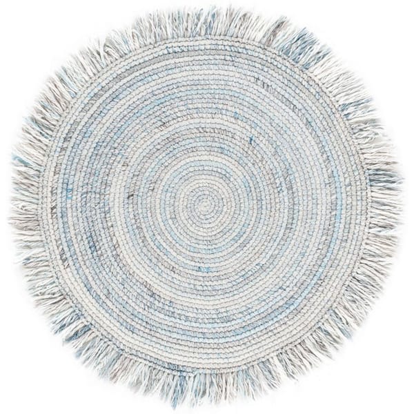 Renewal 3 ft. x 3 ft. Ivory/Light Blue Woven Fringe Round Area Rug