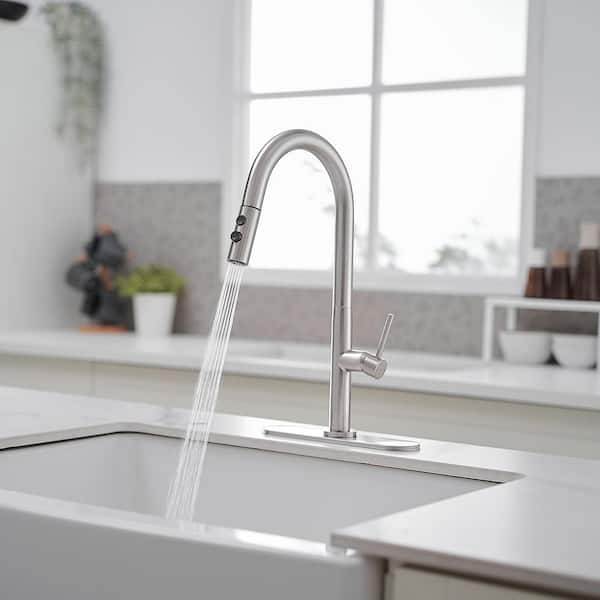 Single Handle 16.81 in Pull Down Sprayer Kitchen Faucet, 360 Degree Spout Swivel Kitchen Faucet in Brushed Nickel